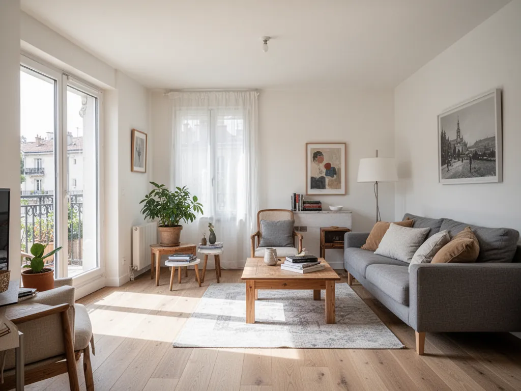Pièce de vie lumineuse avec table en bois, canapé clair, rangements intégrés et circulation dégagée entre salon et cuisine