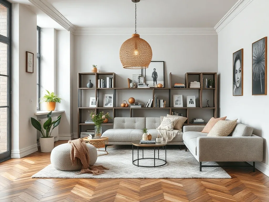 Bricoleur repeignant une étagère en bois dans son salon, outils éparpillés