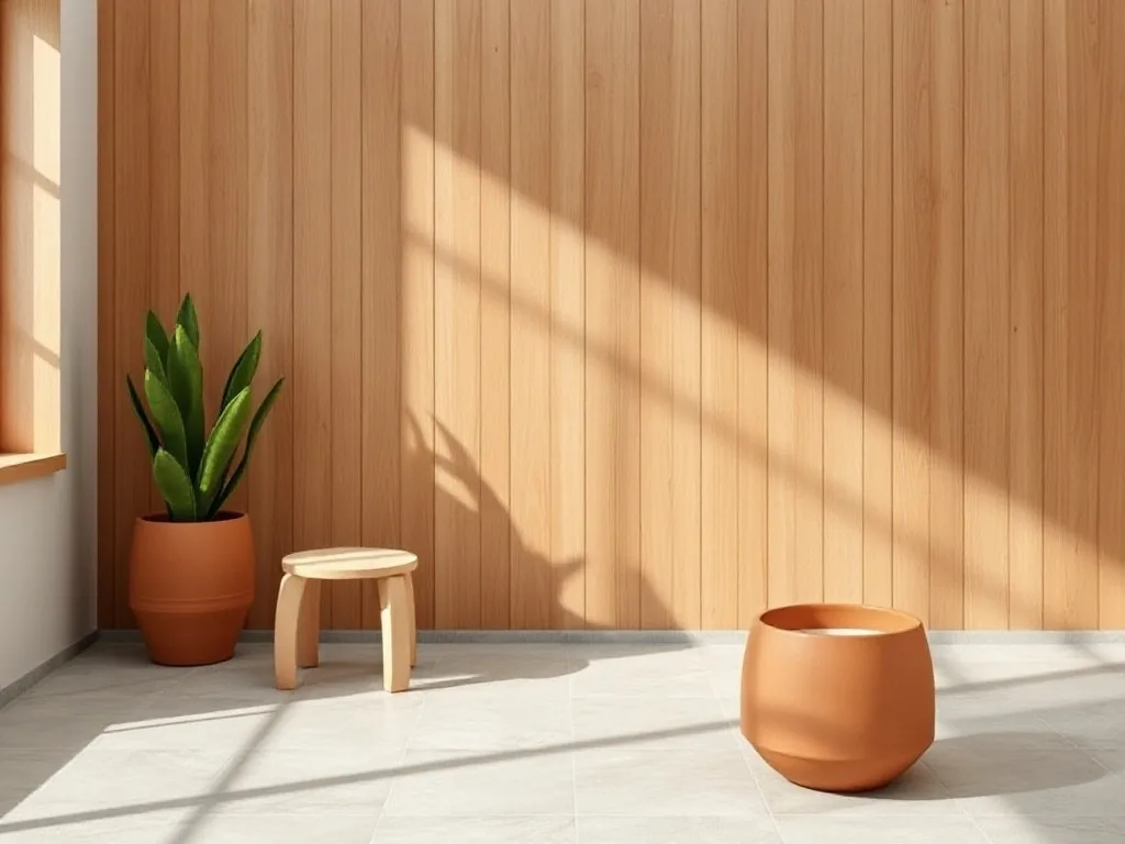 Vase terracotta posé sur une table en bois brut dans un salon épuré