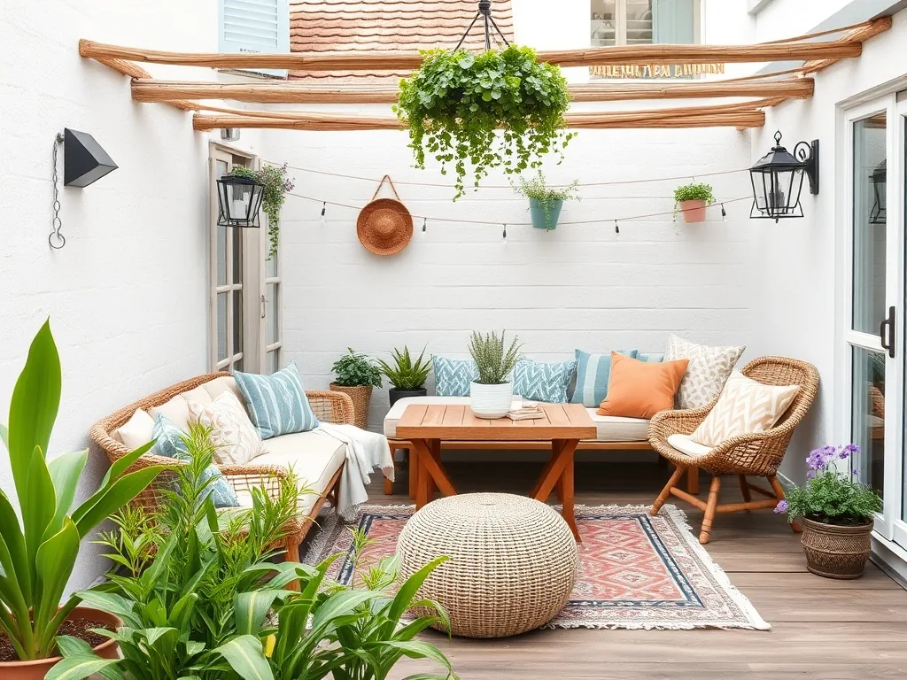 Terrasse bohème chic avec coussins naturels et lanternes en osier, plantes résistantes