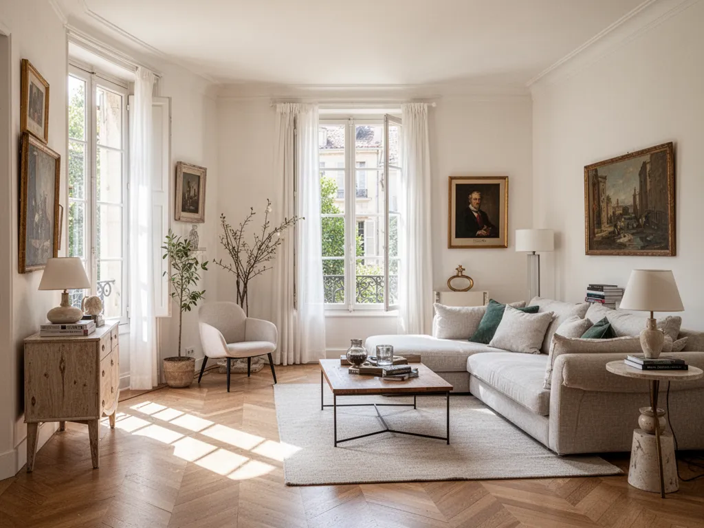 Intérieur lumineux à Aix-en-Provence, ombres portées sur un mur en pierre apparente, table en chêne massif et poteries