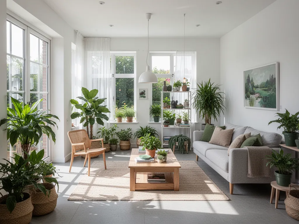 Salon clair avec un miroir en rotin, un vase en grès et une plante verte, ambiance naturelle rappelant l'esprit Jardiland