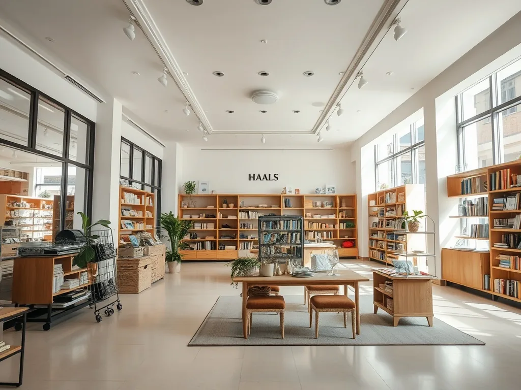 Intérieur de magasin de décoration avec meubles en bois, luminaires et accessoires disposés en scénographie soignée
