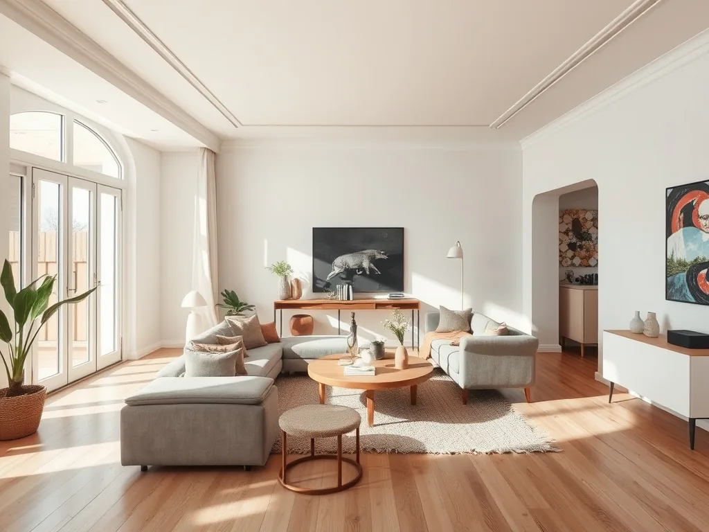Salon parisien baigné de lumière avec moulures haussmanniennes, parquet à chevrons et canapé en lin lavé face à une