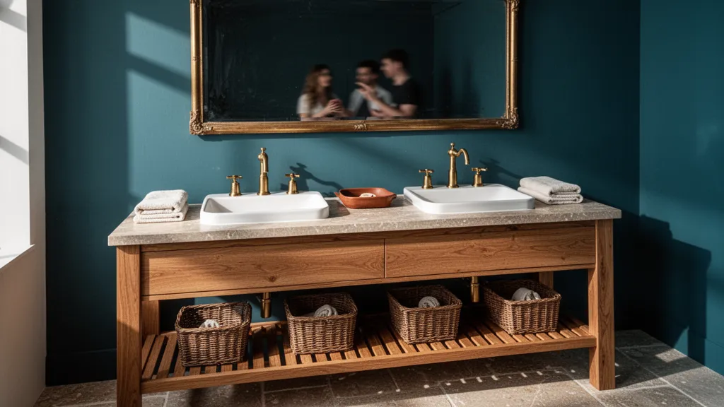 Salle de bain lumineuse avec un meuble double vasque en bois clair, deux miroirs ronds et des murs en carrelage blanc cassé