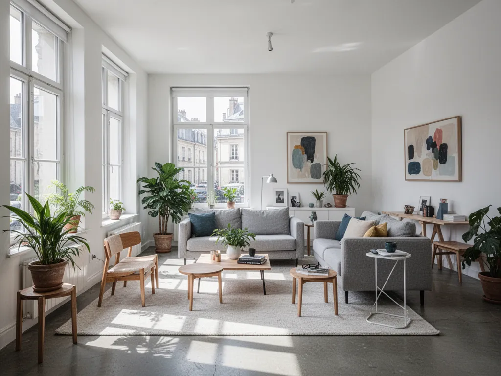 Plan d'architecte posé sur une table en chêne massif avec échantillons de matériaux, règle en métal et crayon de charpentier