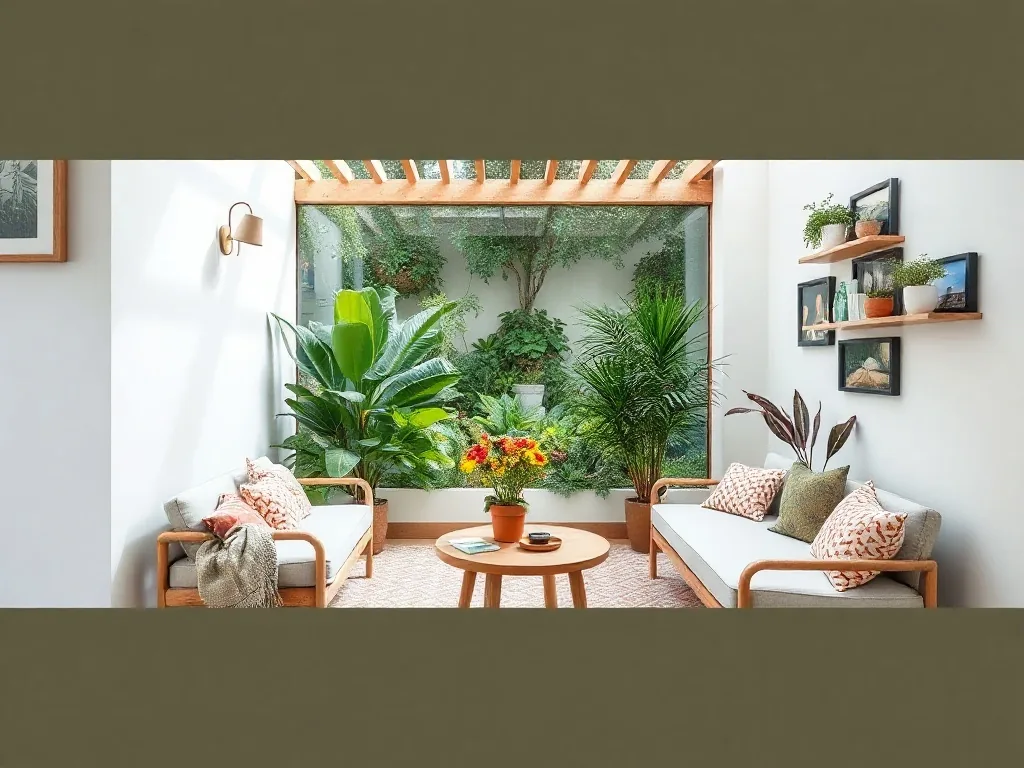 Jardinière intérieure design en bois, montée sur pieds, garnie de plantes variées