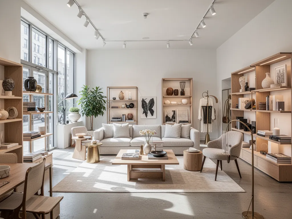 Magasin d’ameublement et de décoration avec tables en bois, luminaires suspendus, tapis pliés et accessoires disposés sur des étagères