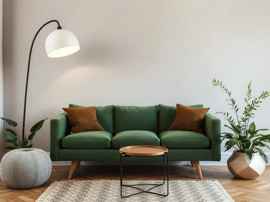 Salon bohème avec plantes vertes, coussins en lin et meubles en rotin, atmosphère apaisante
